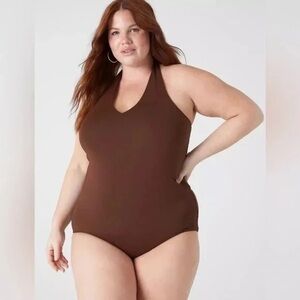 Lane Bryant | Fitted Double-Layer Halter Bodysuit Potting Soil Various Sizes